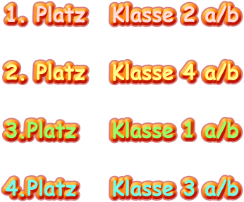 1. Platz 	Klasse 2 a/b  2. Platz	Klasse 4 a/b  3.Platz		Klasse 1 a/b  4.Platz		Klasse 3 a/b