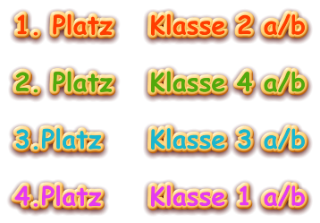 1. Platz 	Klasse 2 a/b  2. Platz		Klasse 4 a/b  3.Platz		Klasse 3 a/b  4.Platz		Klasse 1 a/b