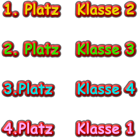 1. Platz 	Klasse 2  2. Platz	Klasse 3  3.Platz		Klasse 4  4.Platz		Klasse 1