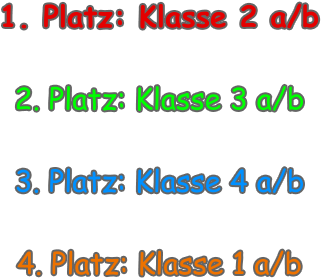 1. Platz: Klasse 2 a/b  2. Platz: Klasse 3 a/b  3. Platz: Klasse 4 a/b  4. Platz: Klasse 1 a/b