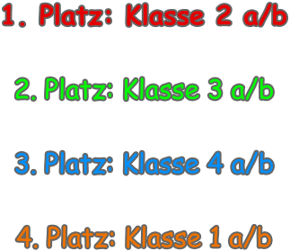 1. Platz: Klasse 2 a/b  2. Platz: Klasse 3 a/b  3. Platz: Klasse 4 a/b  4. Platz: Klasse 1 a/b