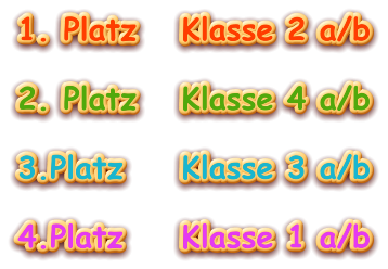 1. Platz 	Klasse 2 a/b  2. Platz		Klasse 4 a/b  3.Platz		Klasse 3 a/b  4.Platz		Klasse 1 a/b