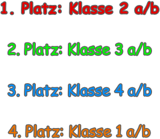 1. Platz: Klasse 2 a/b  2. Platz: Klasse 3 a/b  3. Platz: Klasse 4 a/b  4. Platz: Klasse 1 a/b