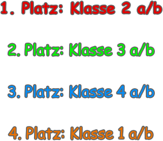 1. Platz: Klasse 2 a/b  2. Platz: Klasse 3 a/b  3. Platz: Klasse 4 a/b  4. Platz: Klasse 1 a/b